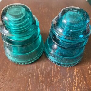 Vintage Hemingray Aqua Blue Glass Insulators Beehive Style Made in USA Set of 2